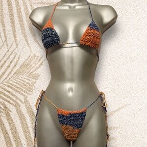 Handcrafted Two-Tone Crochet Bikini Set in Navy and Orange